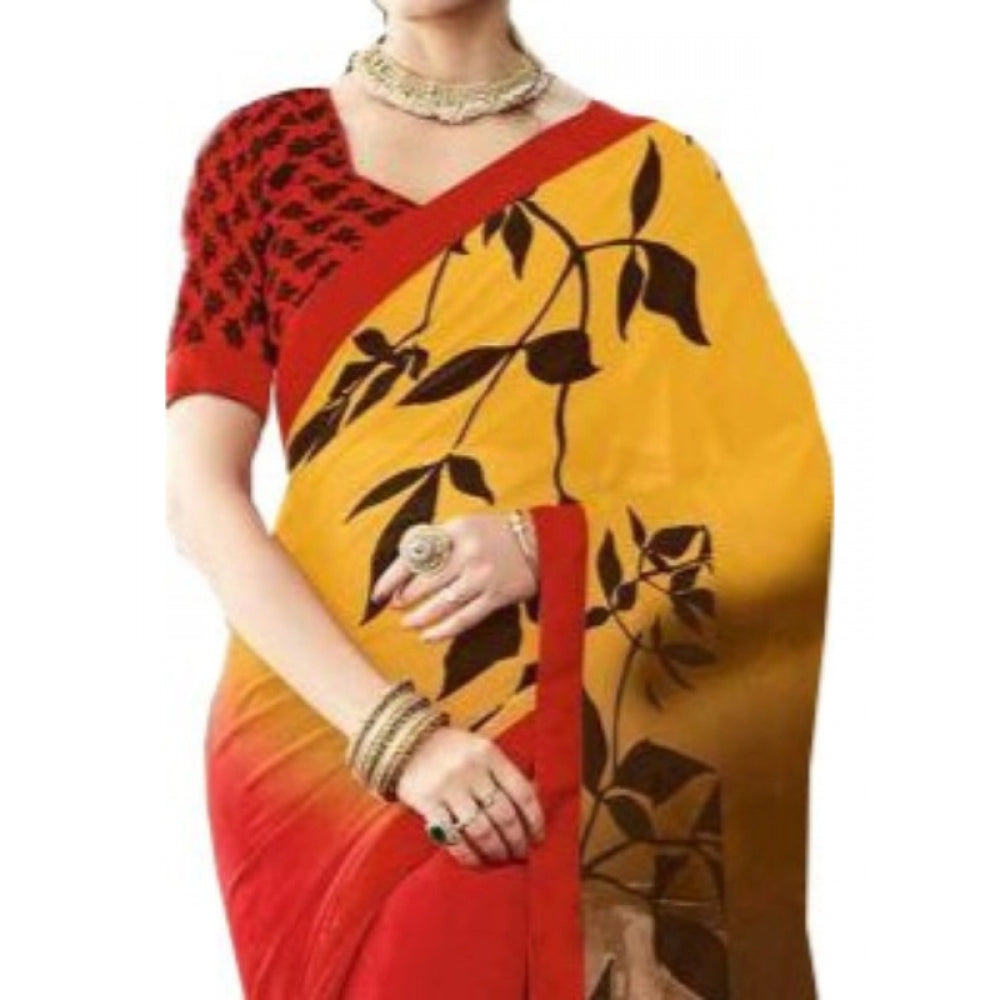 Womens Georgette Digital Printed Saree (Red, Yellow, 6.25 Mtr)