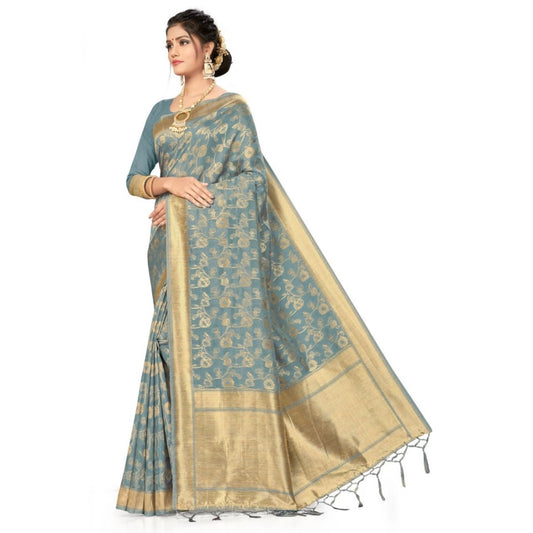 Women's Banarasi (Spun Cotton) Saree (Grey,5-6 Mtrs)