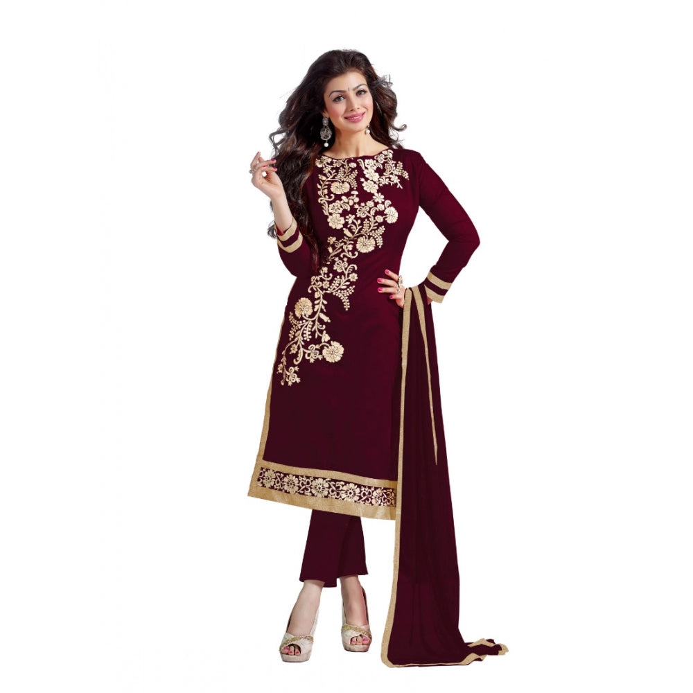 Brown chanderi unstitched salwar suit material — full set view