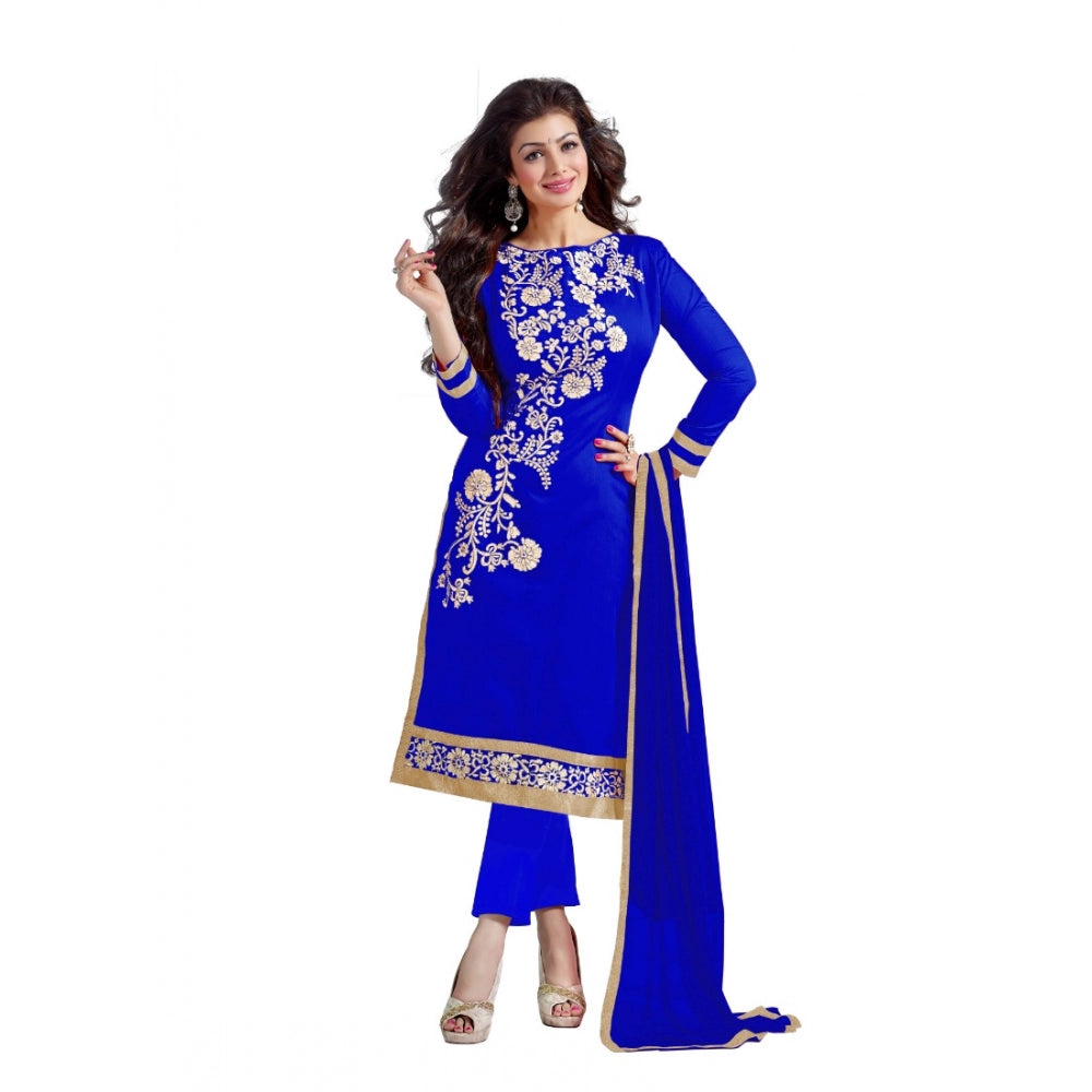 Blue chanderi unstitched salwar suit material — full set view
