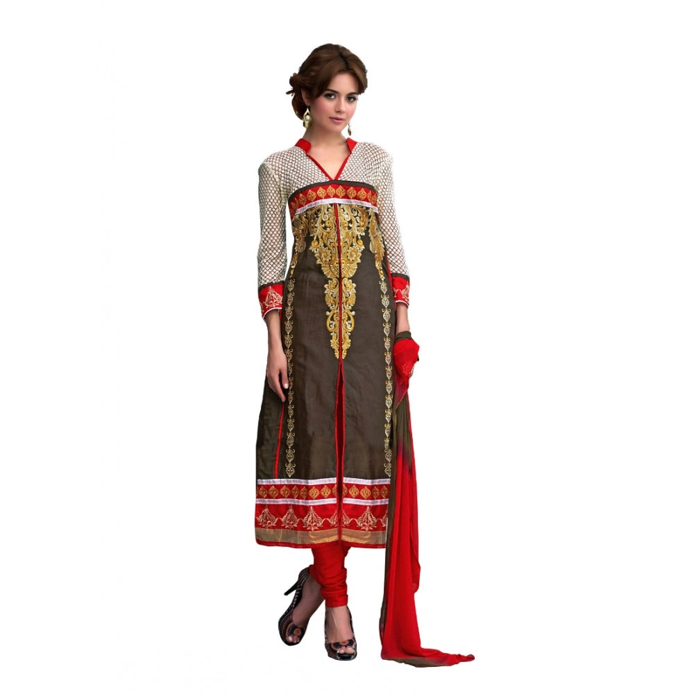 Brown glaze cotton unstitched salwar suit material — full set view