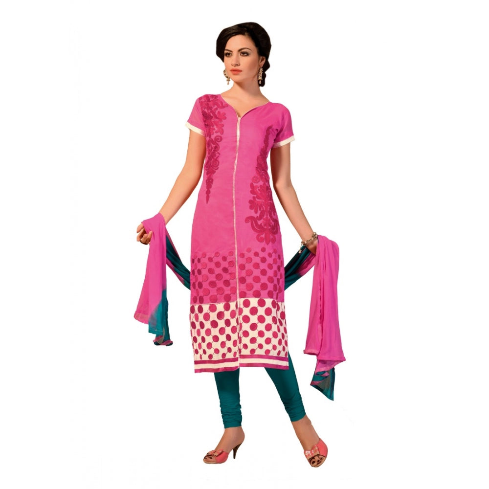 Pink chanderi unstitched salwar suit material — full set view