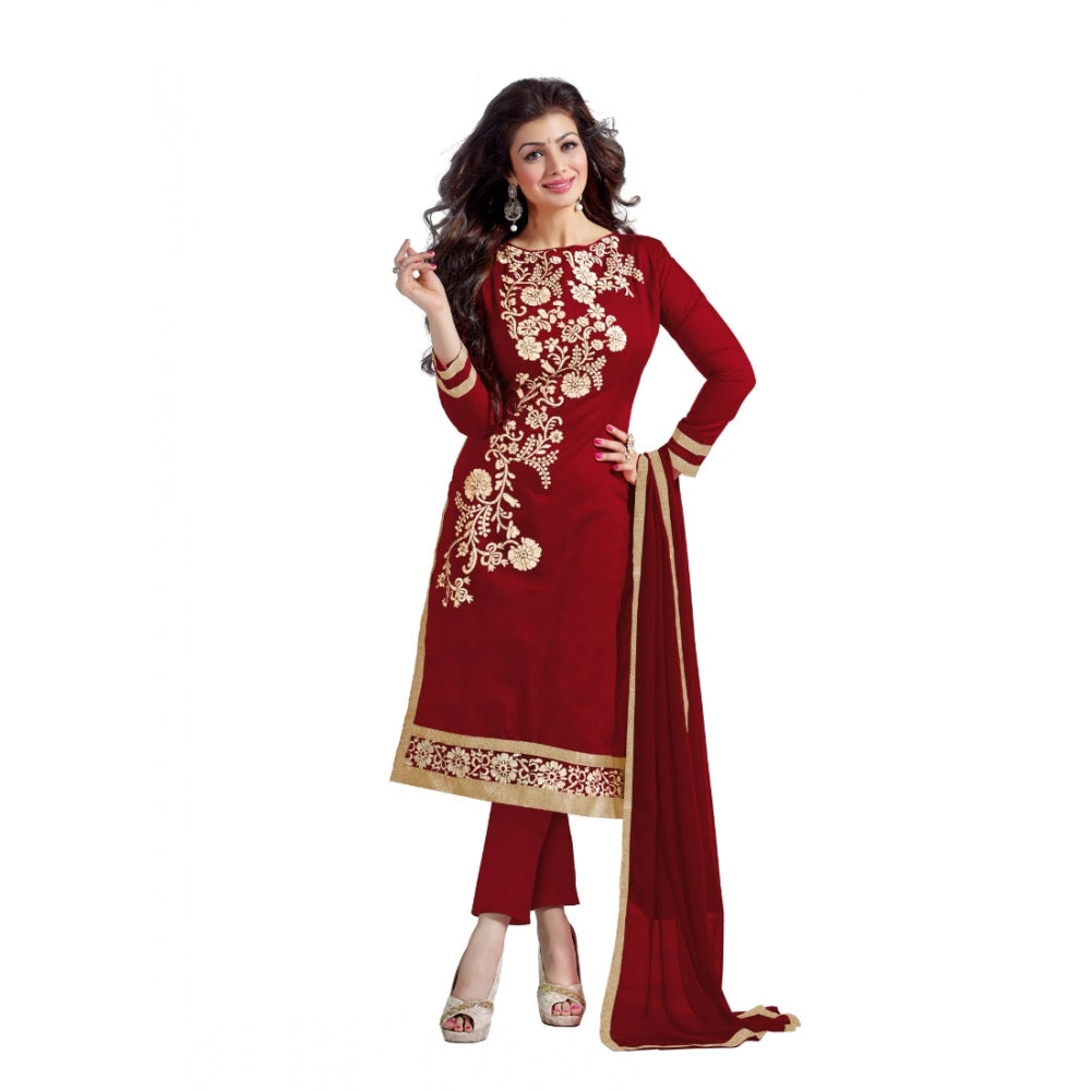 Maroon chanderi unstitched salwar suit material — full set view