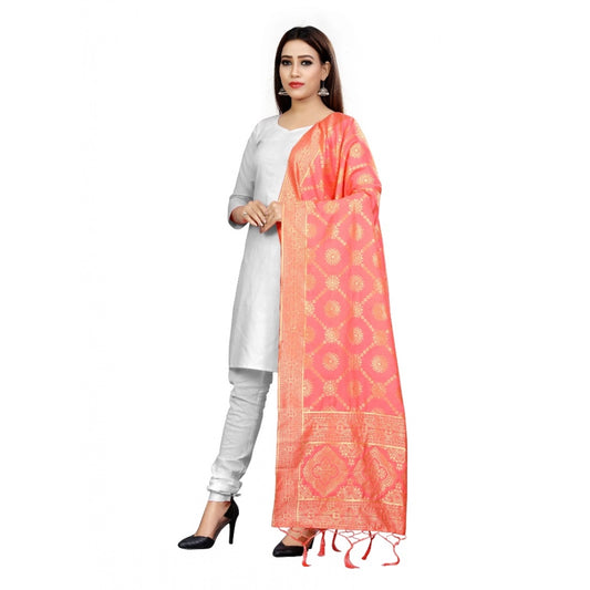 Women's Banarasi Silk Floral Printed Dupatta (Peach, Length:2-2.4 mtr)