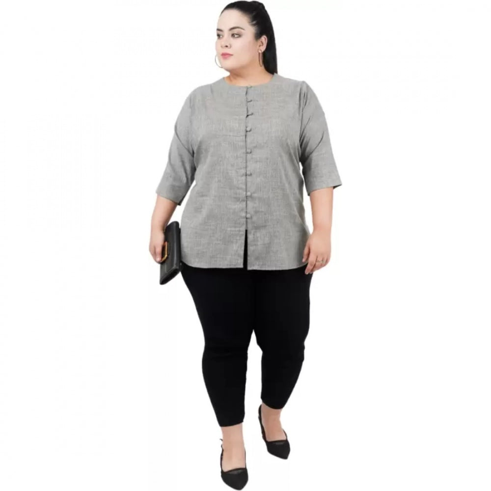 Grey cotton-linen blend top for women — close-up