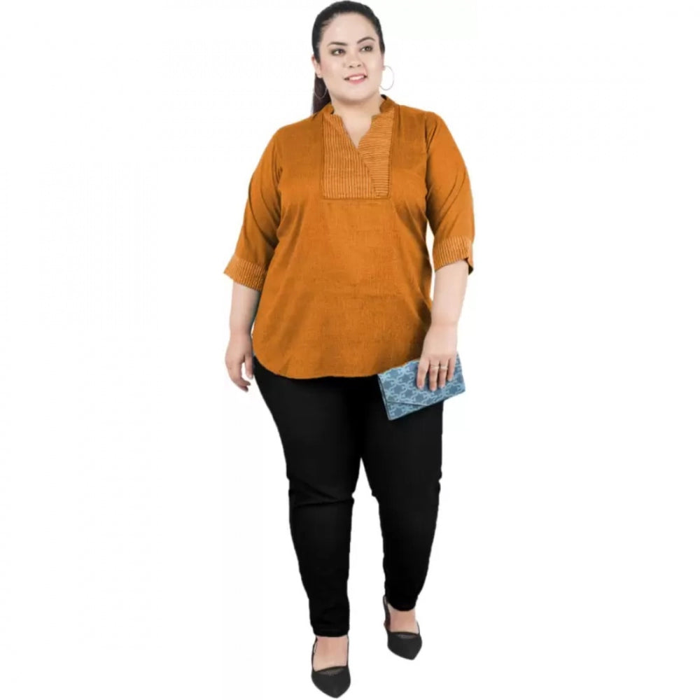 Yellow cotton-linen blend top for women — close-up