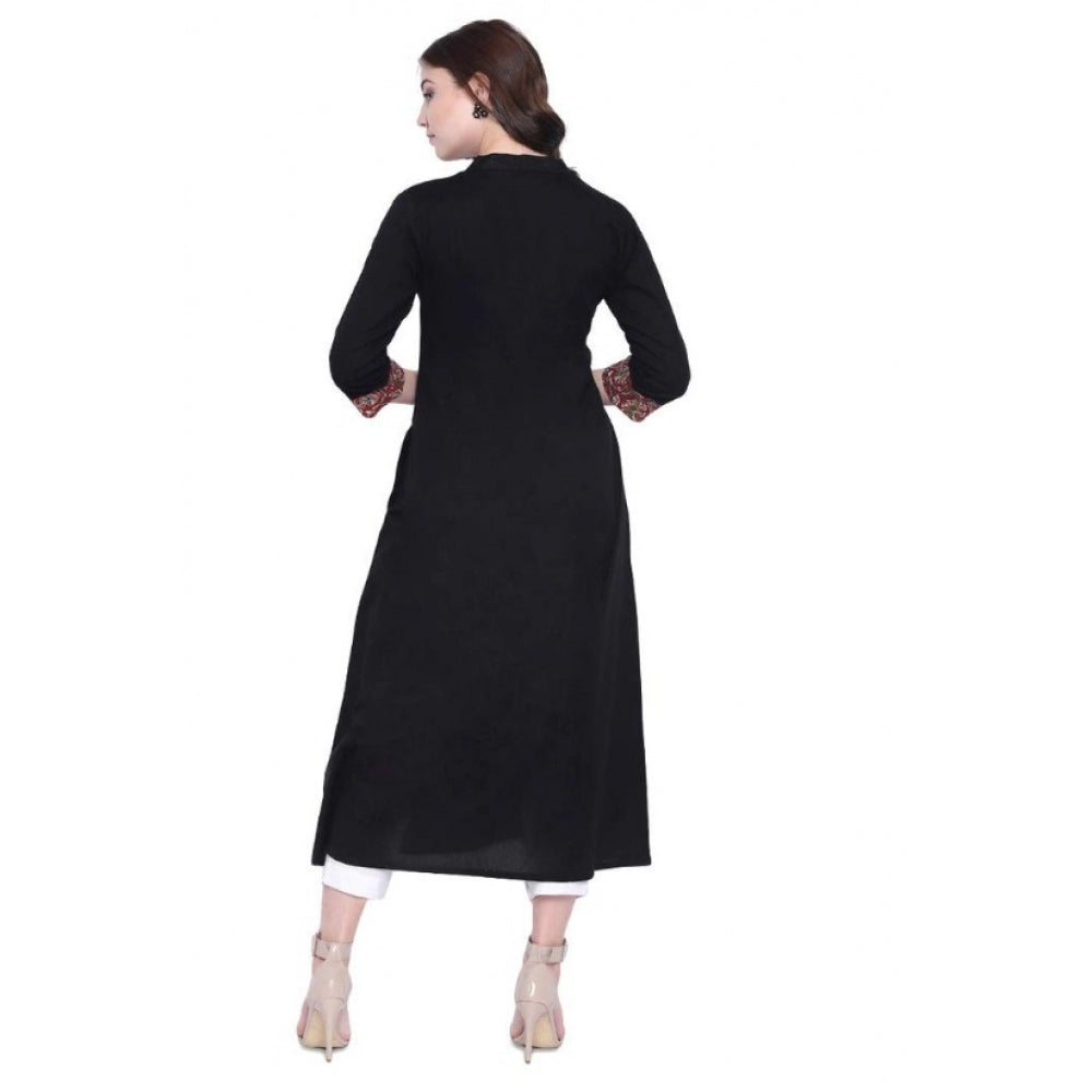 Women's Khadi Printed A Line Kurti (Black, Khadi)