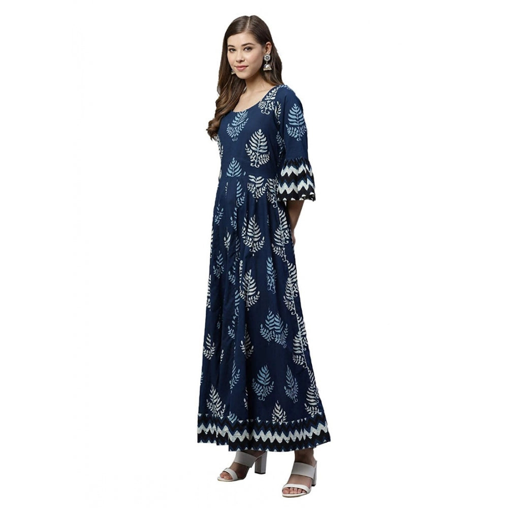 Women's Cotton Printed Regular Kurti (Blue, Cotton )