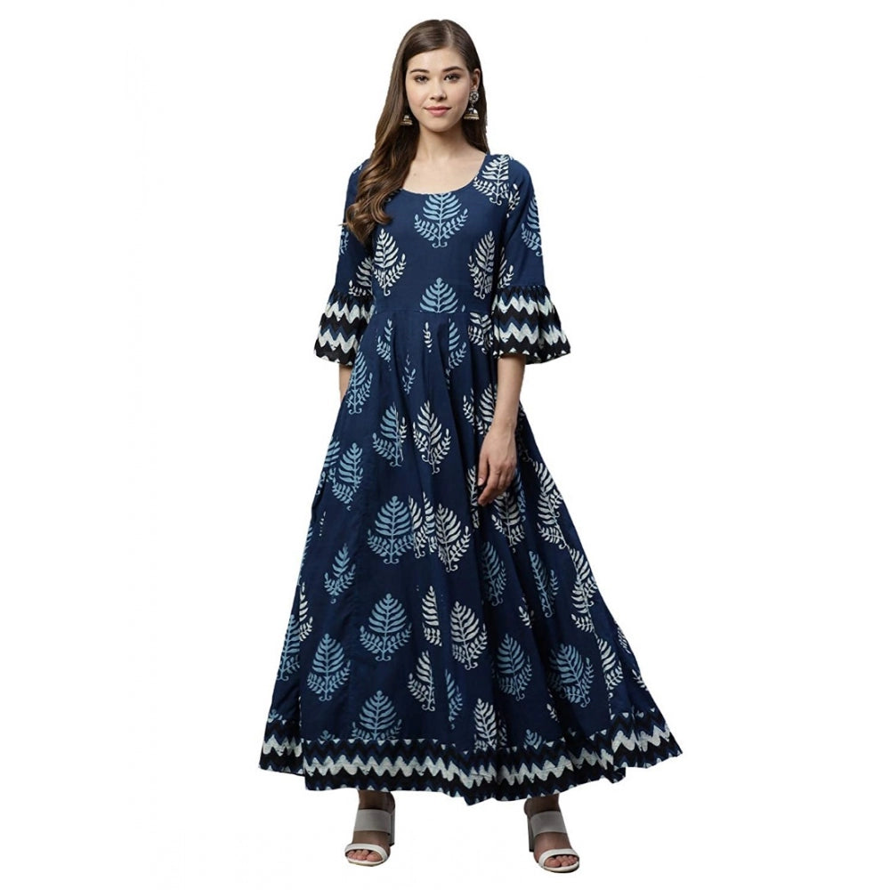 Women's Cotton Printed Regular Kurti (Blue, Cotton )