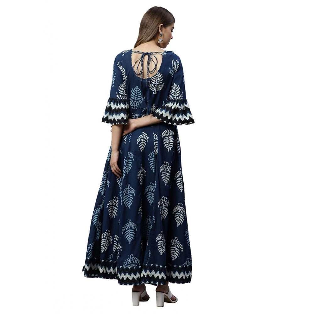 Women's Cotton Printed Regular Kurti (Blue, Cotton )