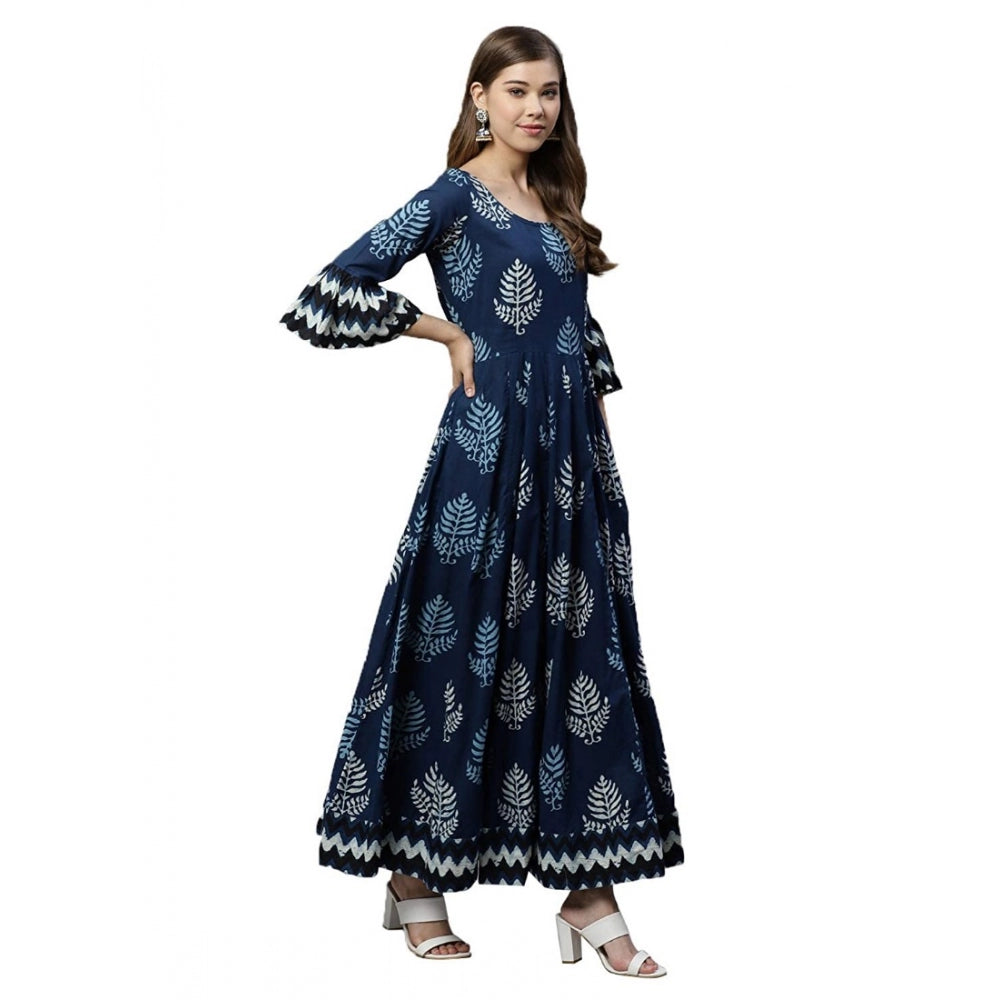 Women's Cotton Printed Regular Kurti (Blue, Cotton )