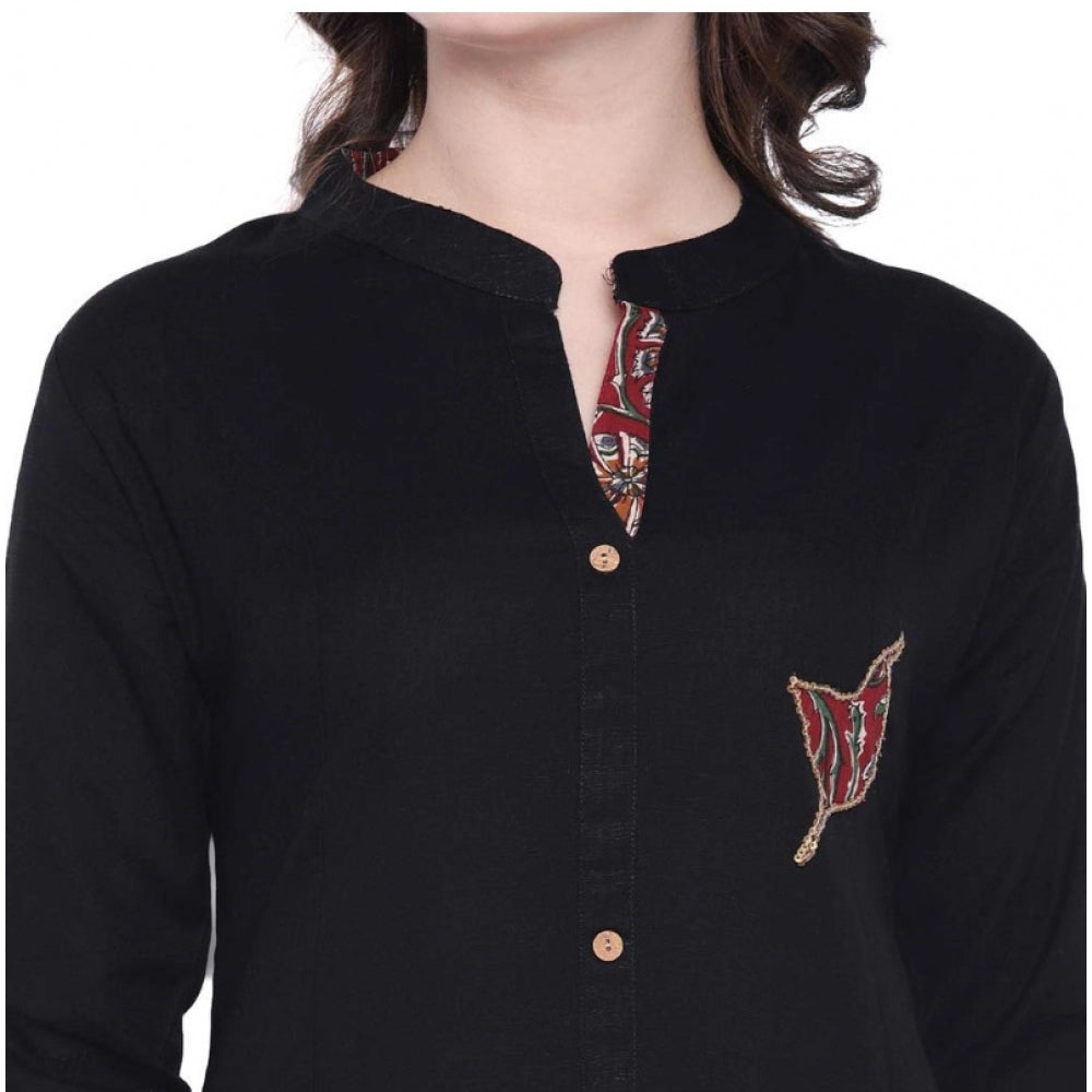 Women's Khadi Printed A Line Kurti (Black, Khadi)