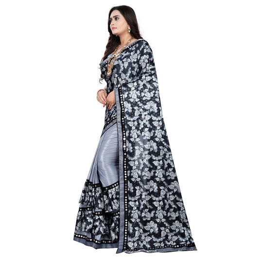 Women's Lycra Blend Saree with Blouse (Grey, 5-6 Mtrs)