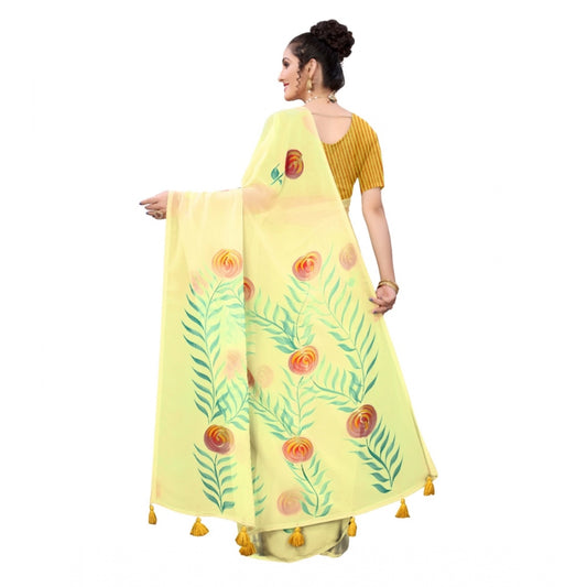 Women's Georgette Floral Hand Printed Sarees (Yellow, 5-6 Mtrs)