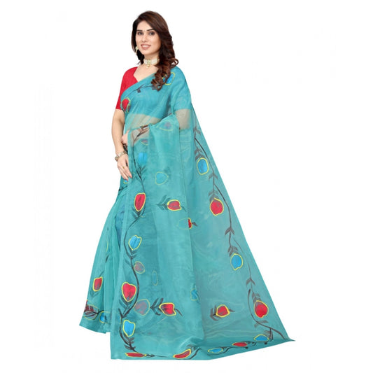 Women's Organza Floral Pattern Sarees (Rama, 5-6 Mtrs)