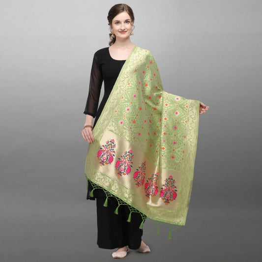 Women's Silk Pure Zari weaving Duppatta (Light Green, Length: 2-2.3 Mtrs)