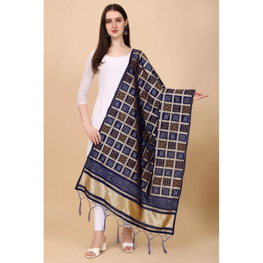 Women's Silk Pure weaving Work Duppatta (Navy Blue, Length: 2-2.3 Mtrs)