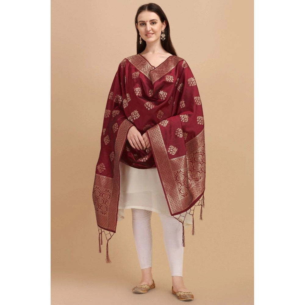 Women's Silk Pure Zari weaving Duppatta (Maroon, Length: 2-2.3 Mtrs)