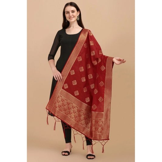 Women's Silk Pure Zari weaving Duppatta (Maroon, Length: 2-2.3 Mtrs)