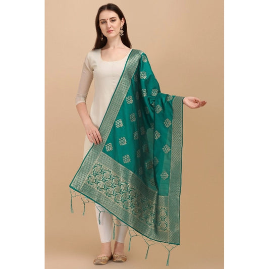 Women's Silk Pure Zari weaving Duppatta (Green, Length: 2-2.3 Mtrs)