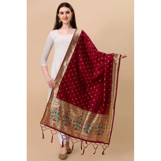 Women's Silk Pure Zari weaving Duppatta (Maroon, Length: 2-2.3 Mtrs)