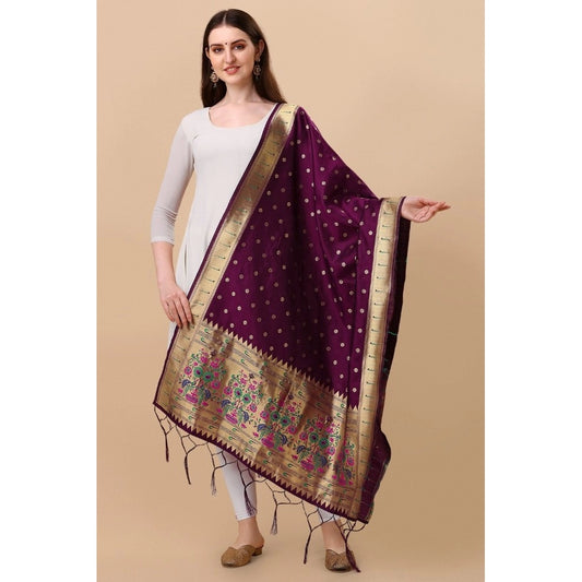 Women's Silk Pure Zari weaving Duppatta (Purple, Length: 2-2.3 Mtrs)