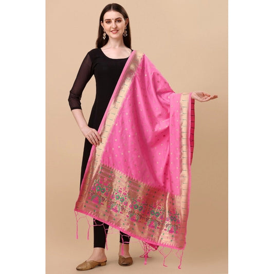 Women's Silk Pure Zari weaving Duppatta (Light Pink, Length: 2-2.3 Mtrs)