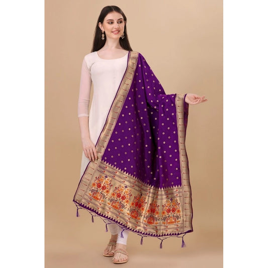 Women's Silk Pure Zari weaving Duppatta (Purple, Length: 2-2.3 Mtrs)