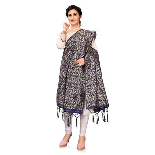 Women's Silk Pure weaving Work Duppatta (Navy Blue, Length: 2-2.3 Mtrs)