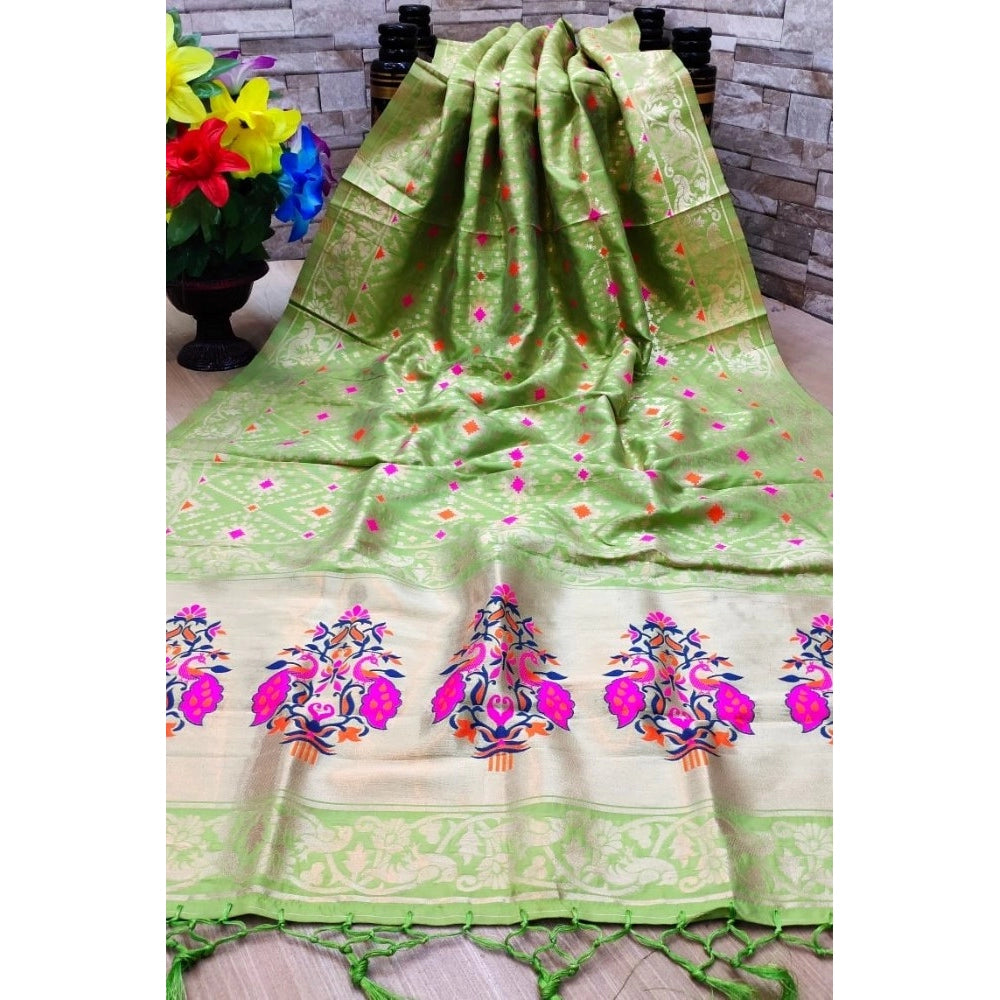 Women's Silk Pure Zari weaving Duppatta (Light Green, Length: 2-2.3 Mtrs)