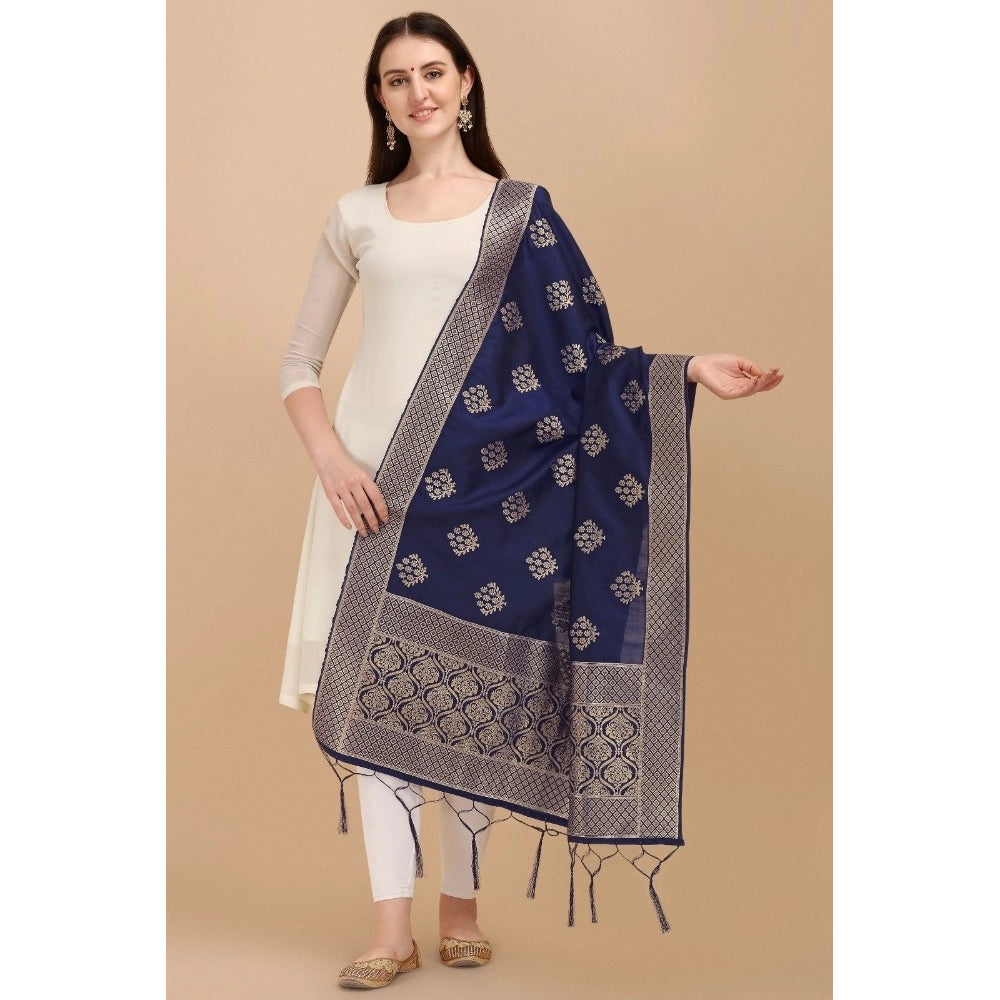 Women's Silk Pure Zari weaving Duppatta (Navy Blue, Length: 2-2.3 Mtrs)