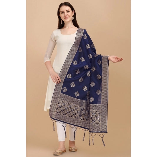 Women's Silk Pure Zari weaving Duppatta (Navy Blue, Length: 2-2.3 Mtrs)