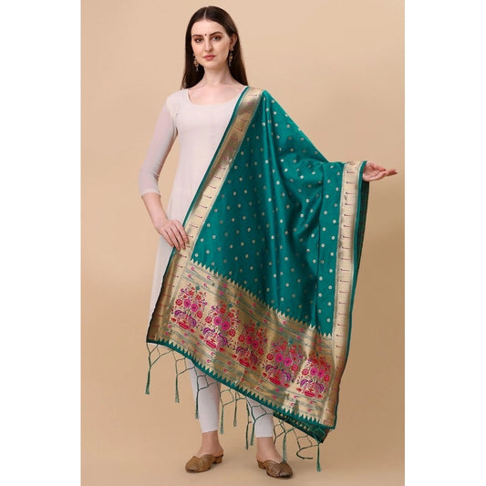 Women's Silk Pure Zari weaving Duppatta (Rama, Length: 2-2.3 Mtrs)