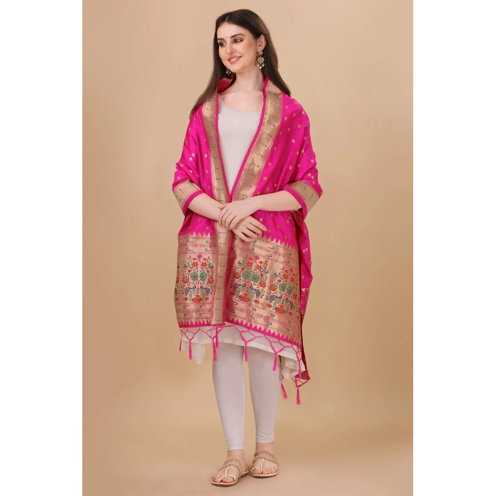 Women's Silk Pure Zari weaving Duppatta (Pink, Length: 2-2.3 Mtrs)