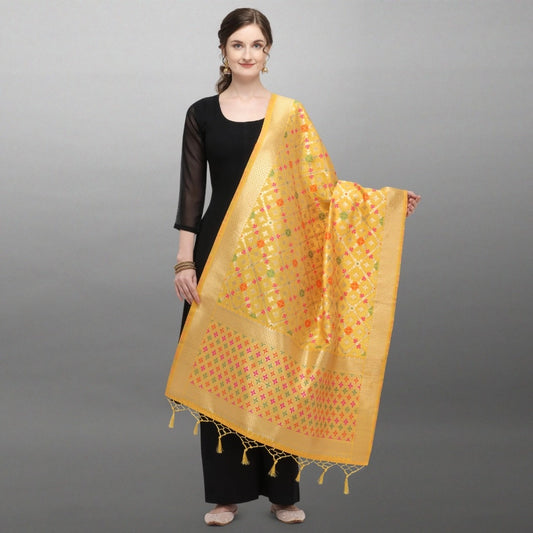 Women's Silk Pure Zari weaving Duppatta (Mustard Yellow, Length: 2-2.3 Mtrs)