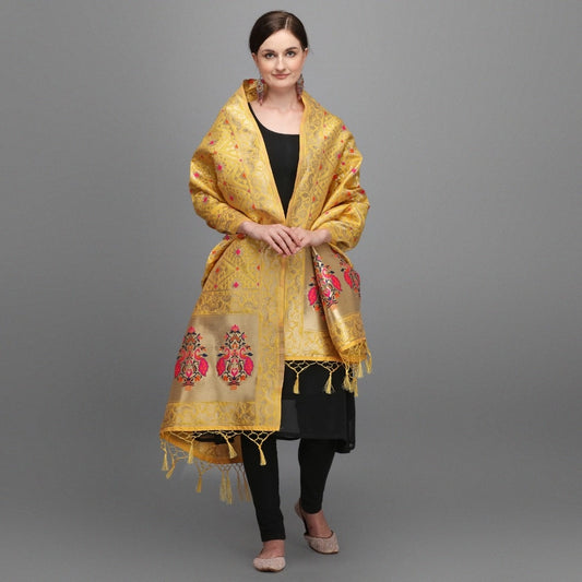 Women's Silk Pure Zari weaving Duppatta (Mustard Yellow, Length: 2-2.3 Mtrs)
