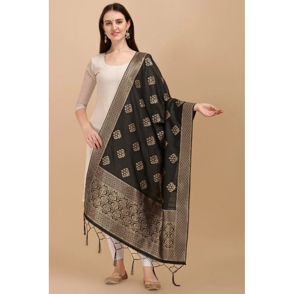 Women's Silk Pure Zari weaving Duppatta (Black, Length: 2-2.3 Mtrs)