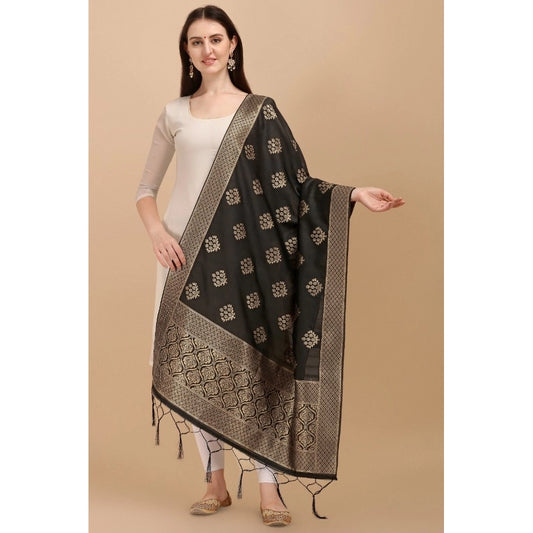 Women's Silk Pure Zari weaving Duppatta (Black, Length: 2-2.3 Mtrs)
