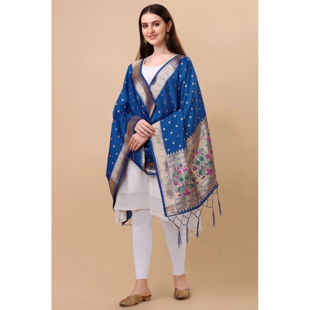 Women's Silk Pure Zari weaving Duppatta (Blue, Length: 2-2.3 Mtrs)