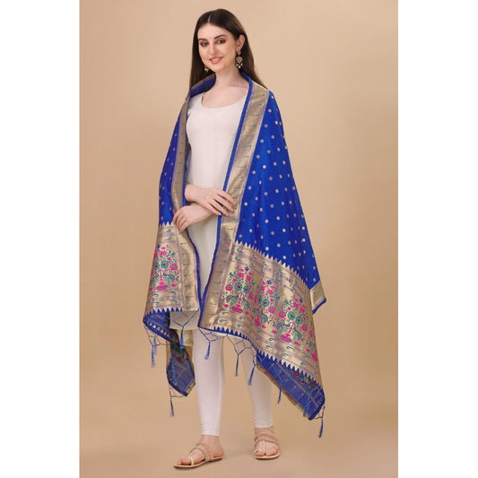 Women's Silk Pure Zari weaving Duppatta (Blue, Length: 2-2.3 Mtrs)