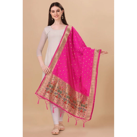 Women's Silk Pure Zari weaving Duppatta (Pink, Length: 2-2.3 Mtrs)