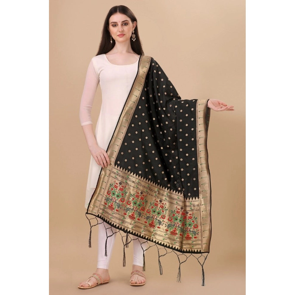 Women's Silk Pure Zari weaving Duppatta (Black, Length: 2-2.3 Mtrs)
