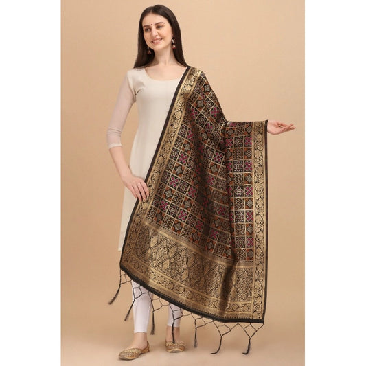 Women's Silk Pure weaving Work Duppatta (Black, Length: 2-2.3 Mtrs)