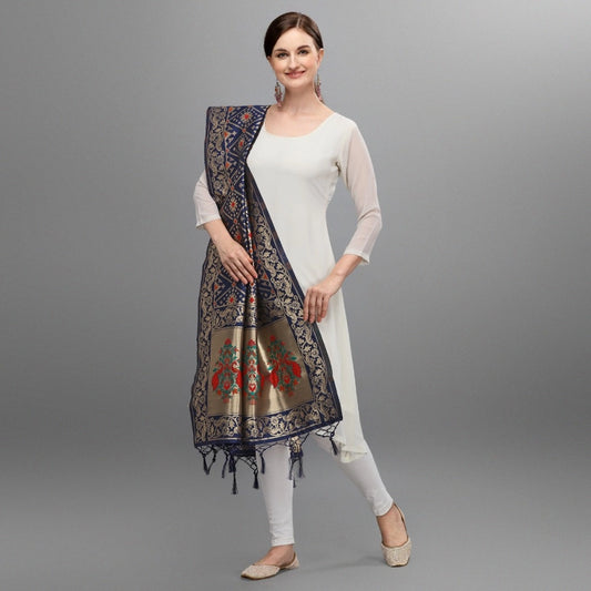 Women's Silk Pure Zari weaving Duppatta (Navy Blue, Length: 2-2.3 Mtrs)