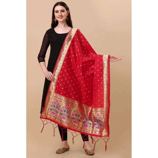 Women's Silk Pure Zari weaving Duppatta (Red, Length: 2-2.3 Mtrs)