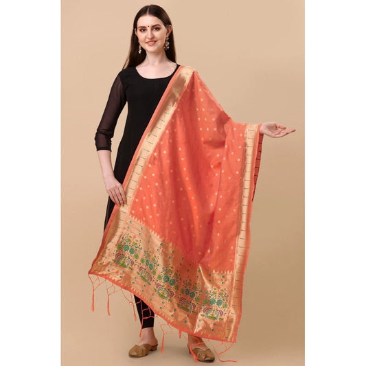 Women's Silk Pure Zari weaving Duppatta (Orange, Length: 2-2.3 Mtrs)