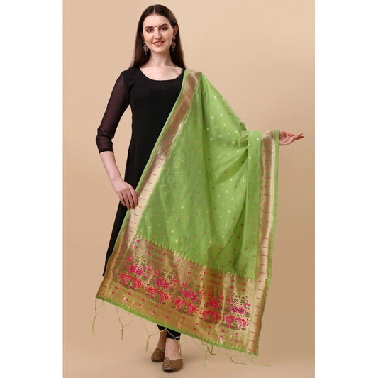 Women's Silk Pure Zari weaving Duppatta (Light Green, Length: 2-2.3 Mtrs)
