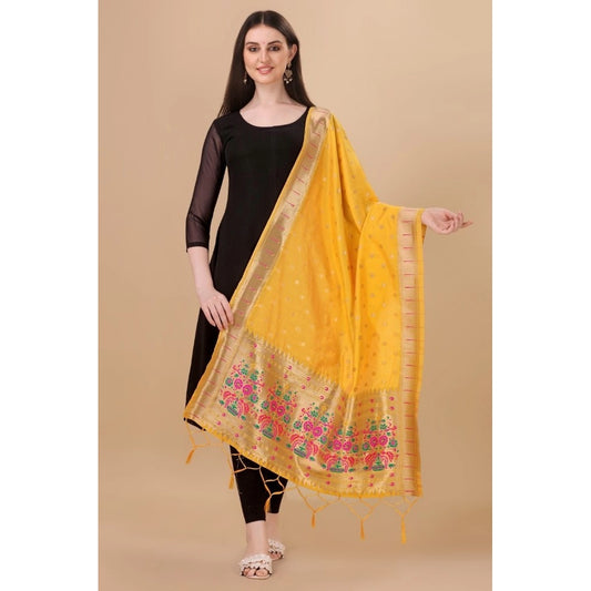 Women's Silk Pure Zari weaving Duppatta (Yellow, Length: 2-2.3 Mtrs)