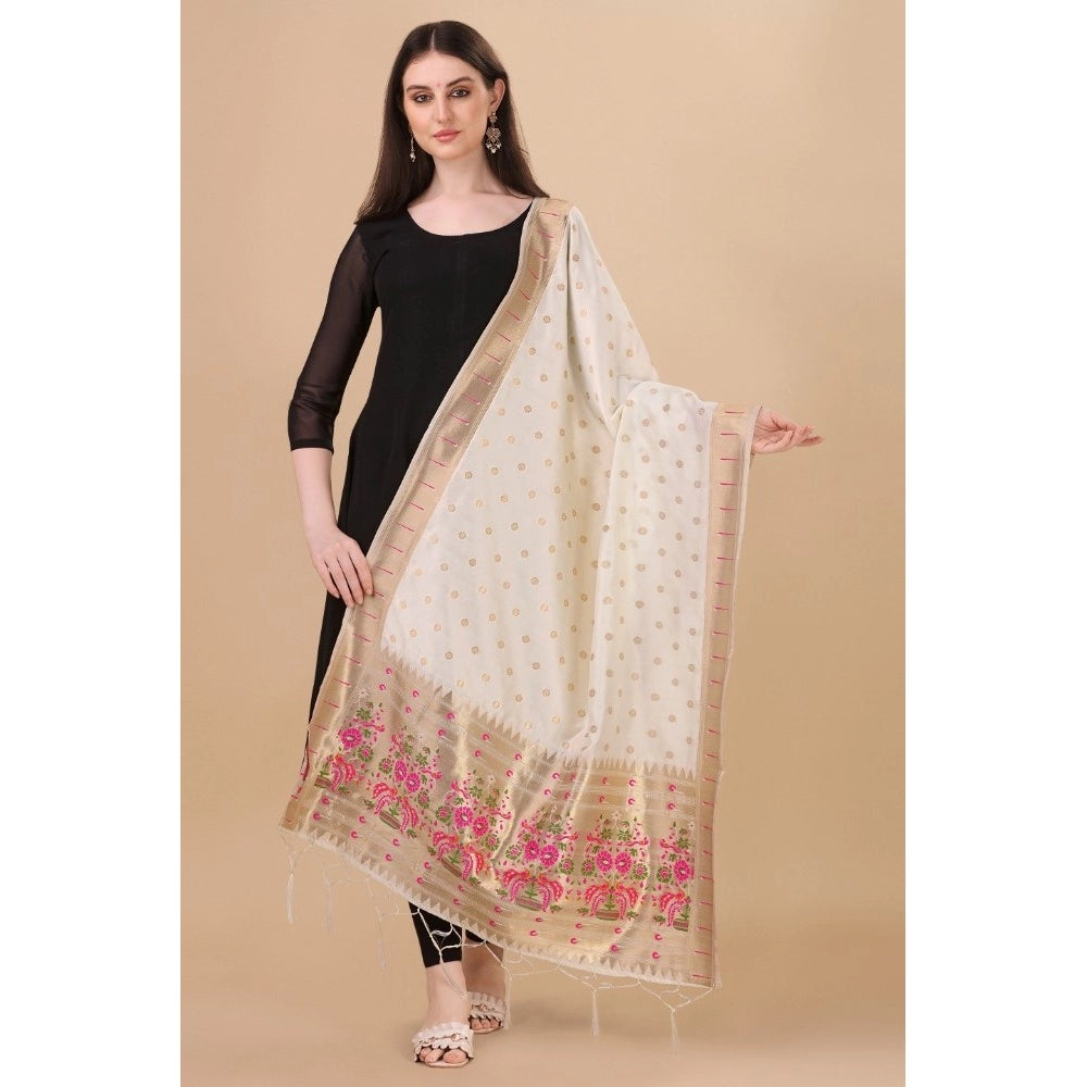 Women's Silk Pure Zari weaving Duppatta (White, Length: 2-2.3 Mtrs)
