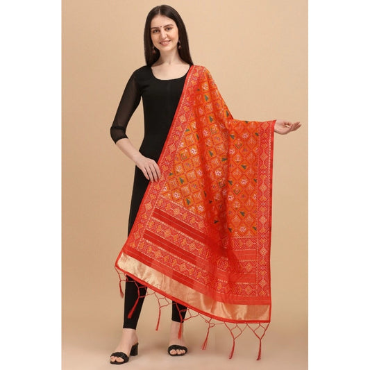 Women's Silk Pure Zari weaving Duppatta (Orange, Length: 2-2.3 Mtrs)